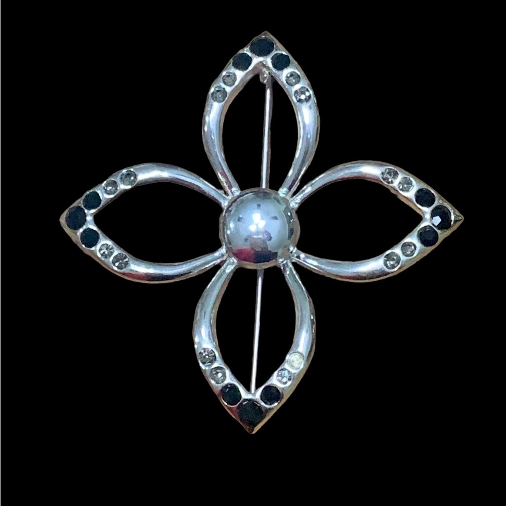 Vintage Silver Tone FLOWER Brooch Pin With Black $ Clear Rhinestones - Picture 4 of 6